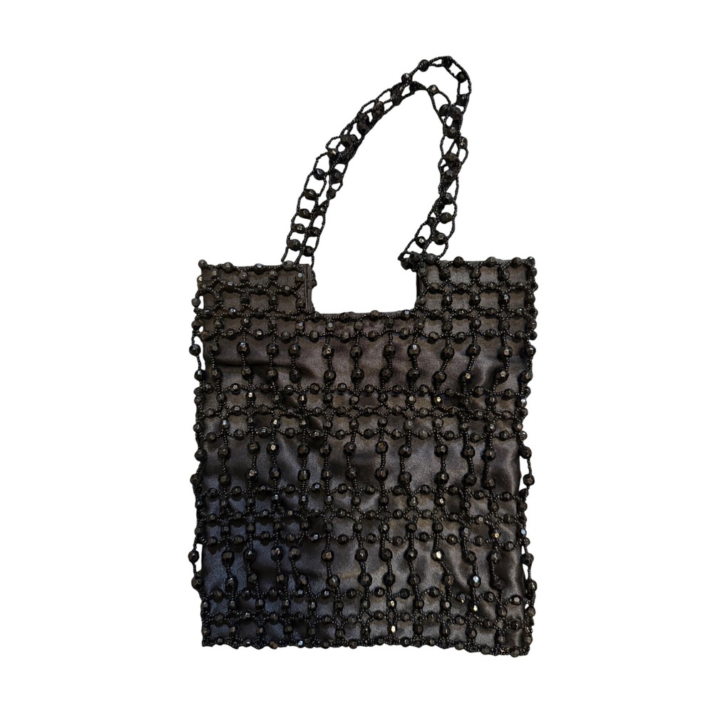 Vintage Giorgio Beverly Hills Black Beaded Satin Mini Tote Evening Bag Snap